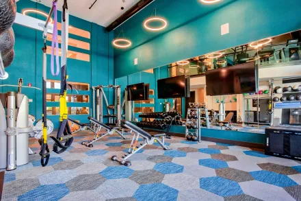 Well-equipped fitness center at Three77 Park in Fort Worth, TX.