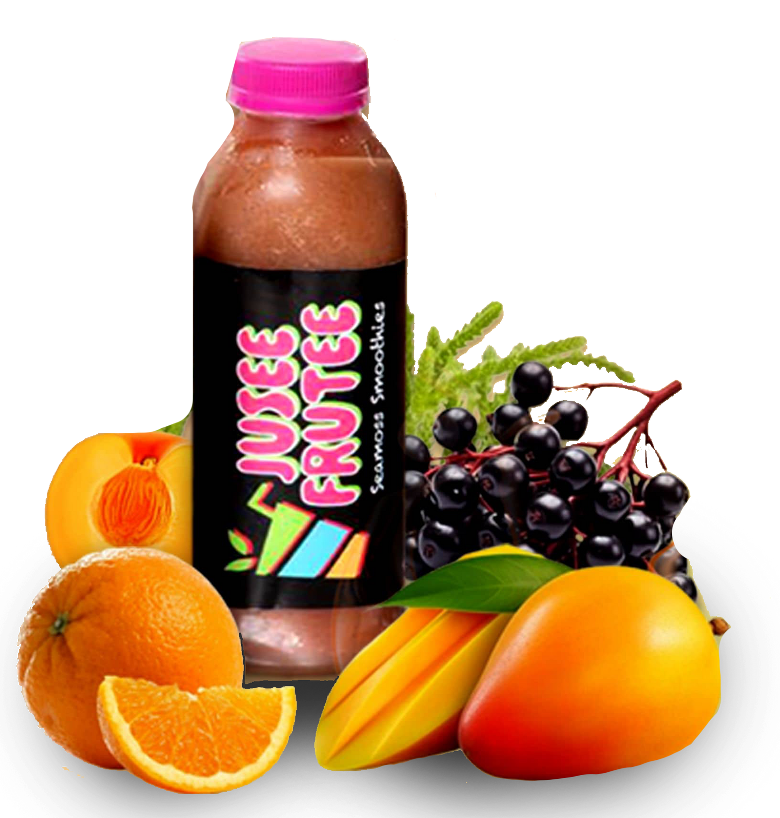 A bottle of juice fruitee surrounded by fruit