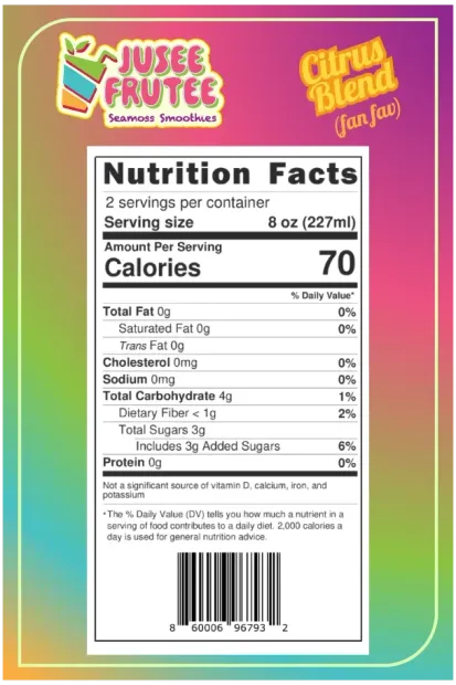 A nutrition facts label on a bottle of citrus blend juice.