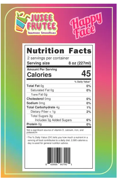 A nutrition facts label for juice fruitee happy face.