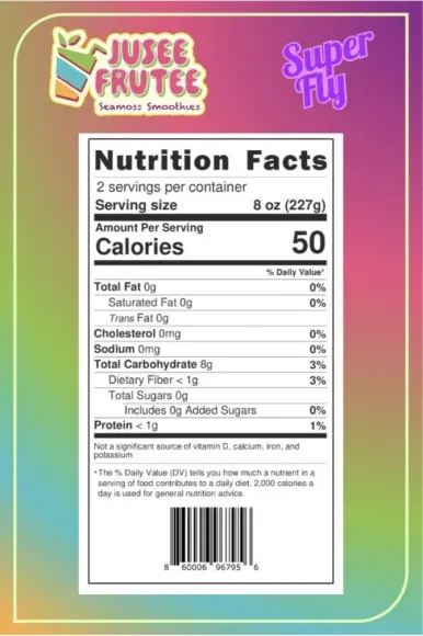 A nutrition facts label for juice fruitee super fly.