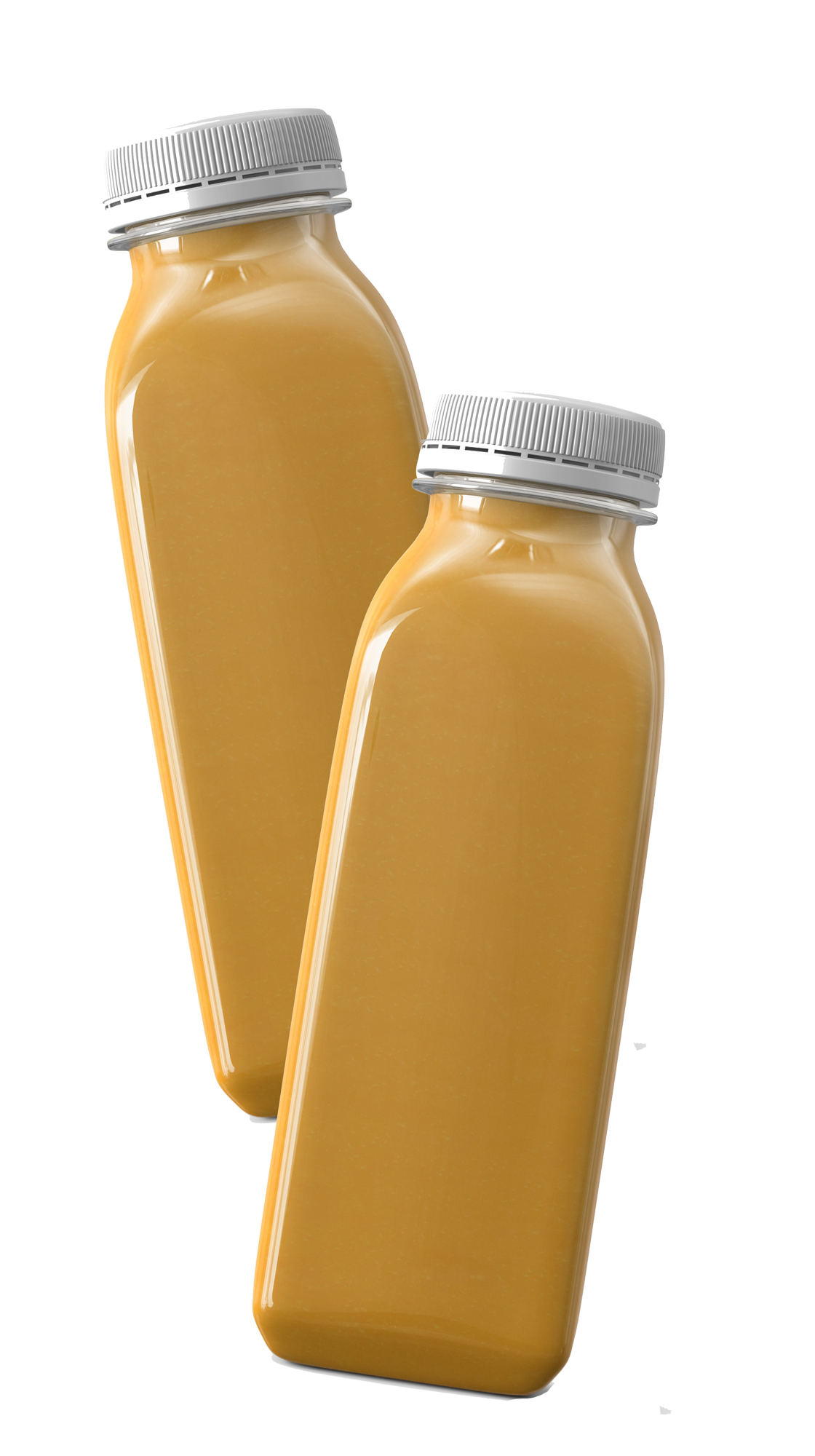 Two bottles of orange juice are sitting next to each other on a white background.
