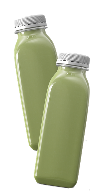 Two bottles of green juice are sitting next to each other on a white background.