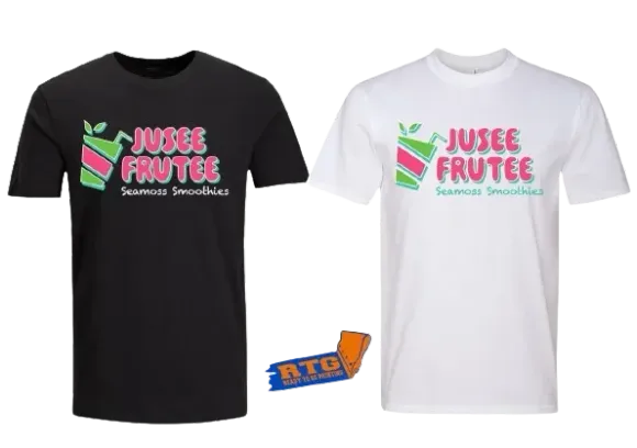 A black and white t-shirt with the words jusce frutee on it
