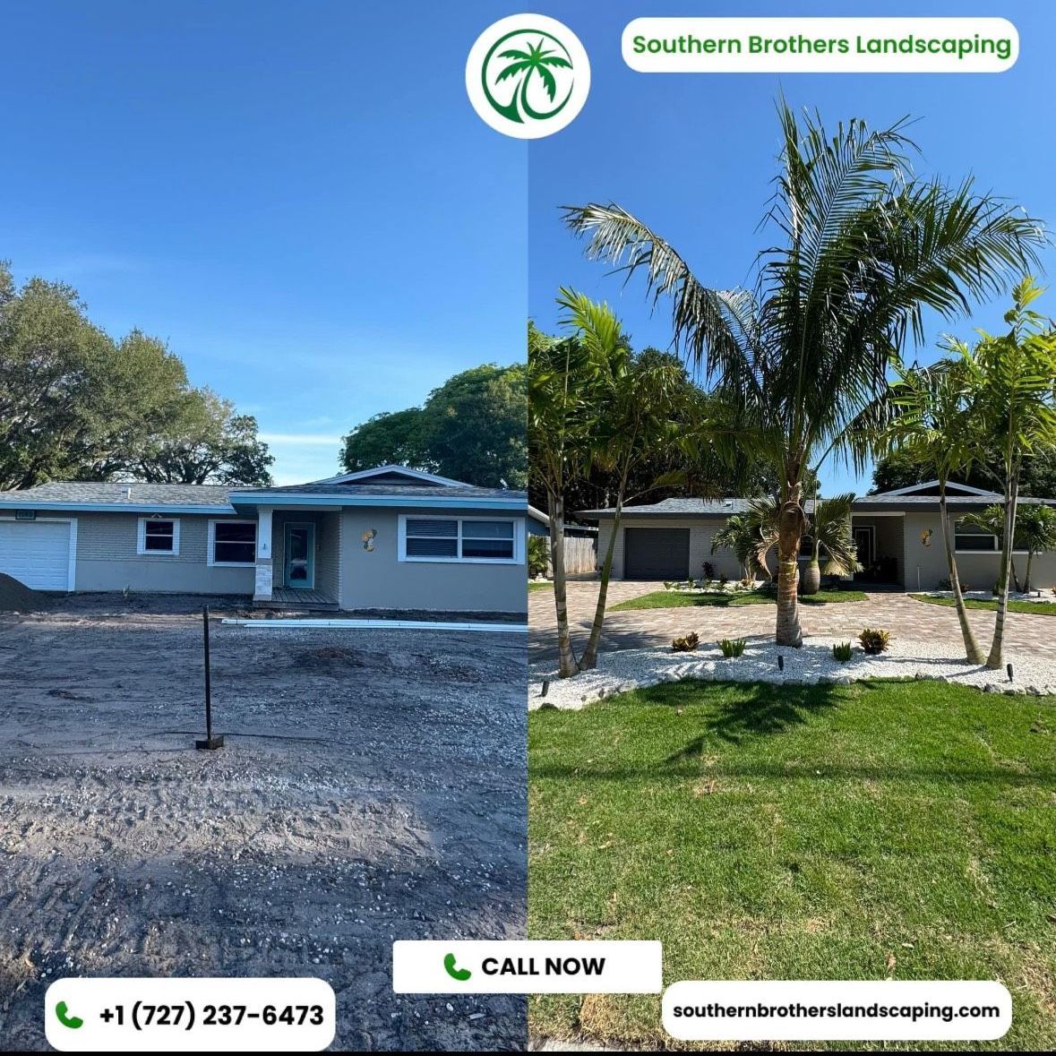 Before and after landscaping transformation. House with bare yard to lush lawn and palm trees.