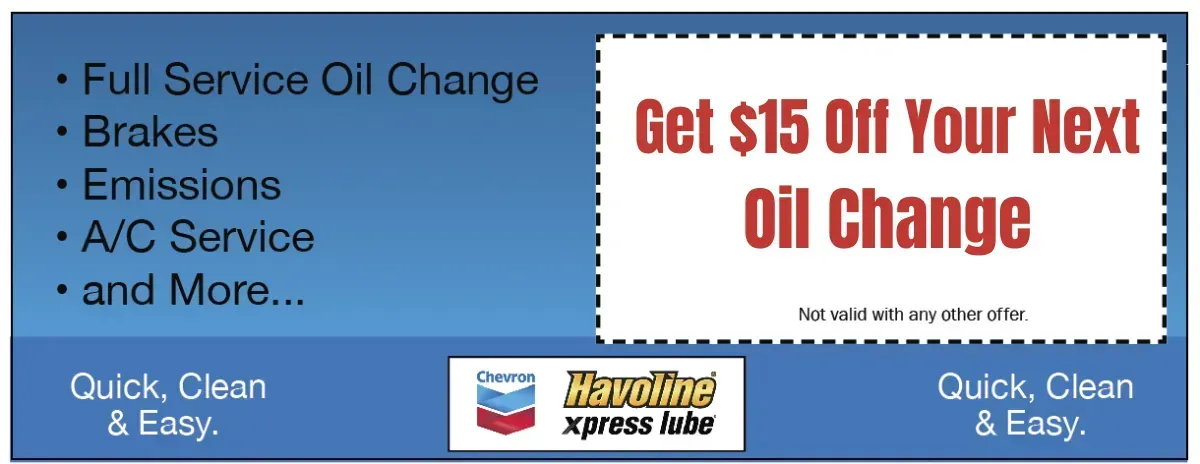 Advertisement for Havoline Express Lube offering $15 off oil changes. Services include brakes, emissions, and A/C service.