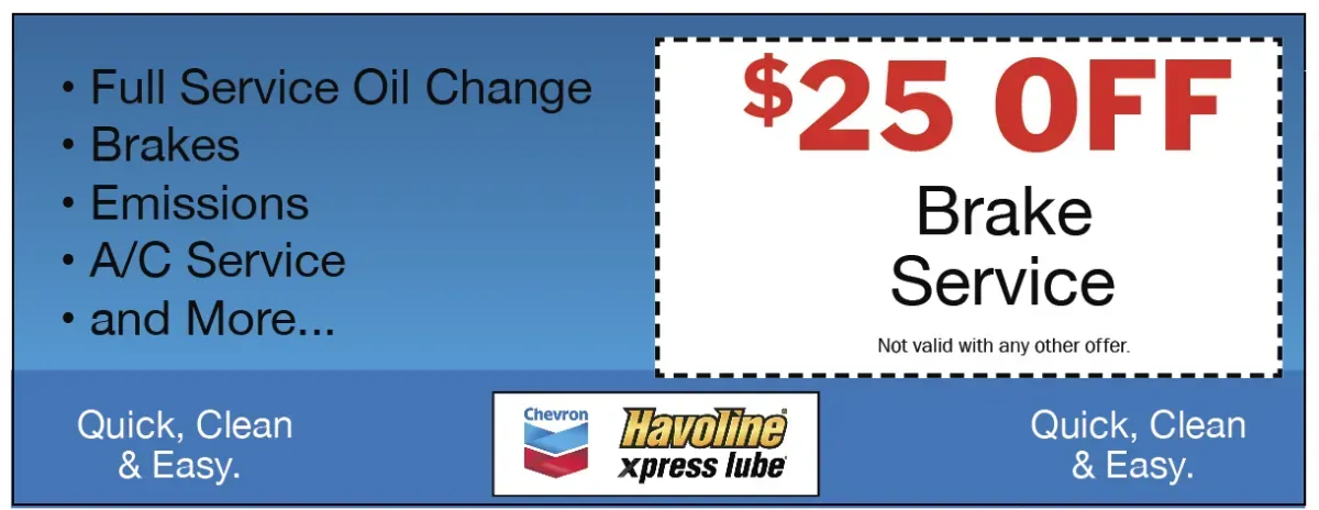 Coupon for $25 off brake service at a Havoline Xpress Lube, listing services like oil changes and A/C service.