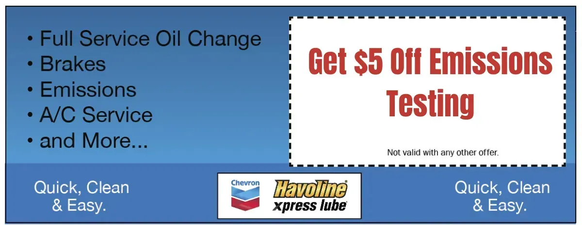 Advertisement for Havoline Xpress Lube, offering $5 off emissions testing and other services.