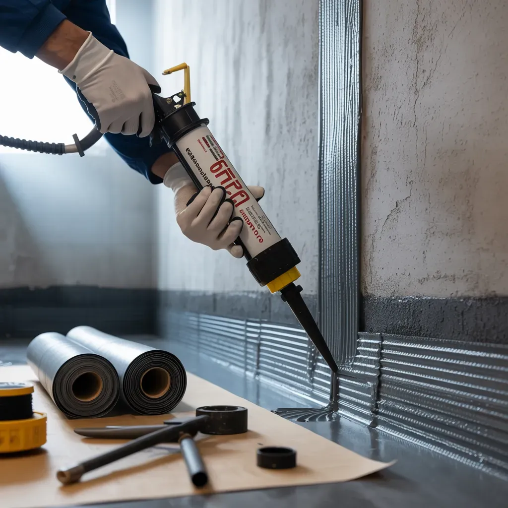 Person wearing gloves applying sealant with a caulking gun on a foundation wall. Rolls of material and tools are present.