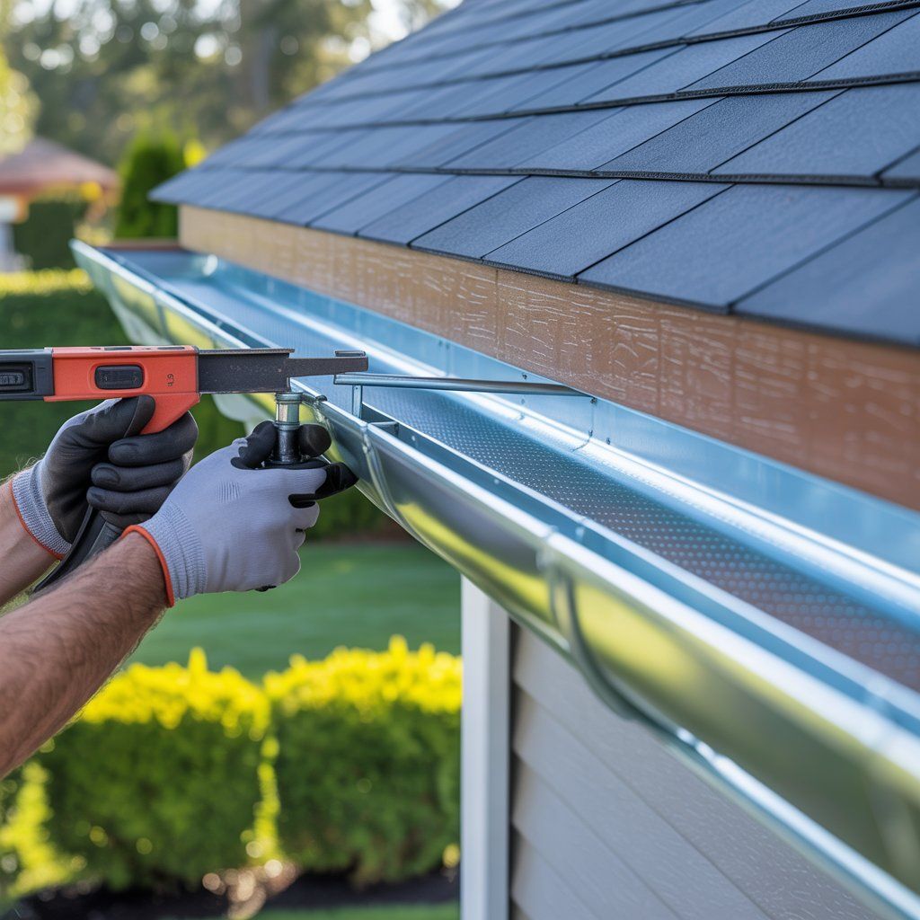 Person installing gutter with a tool on a house.