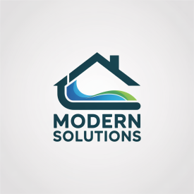 Logo: House silhouette with wave design and "MODERN SOLUTIONS" text, blue and green colors.