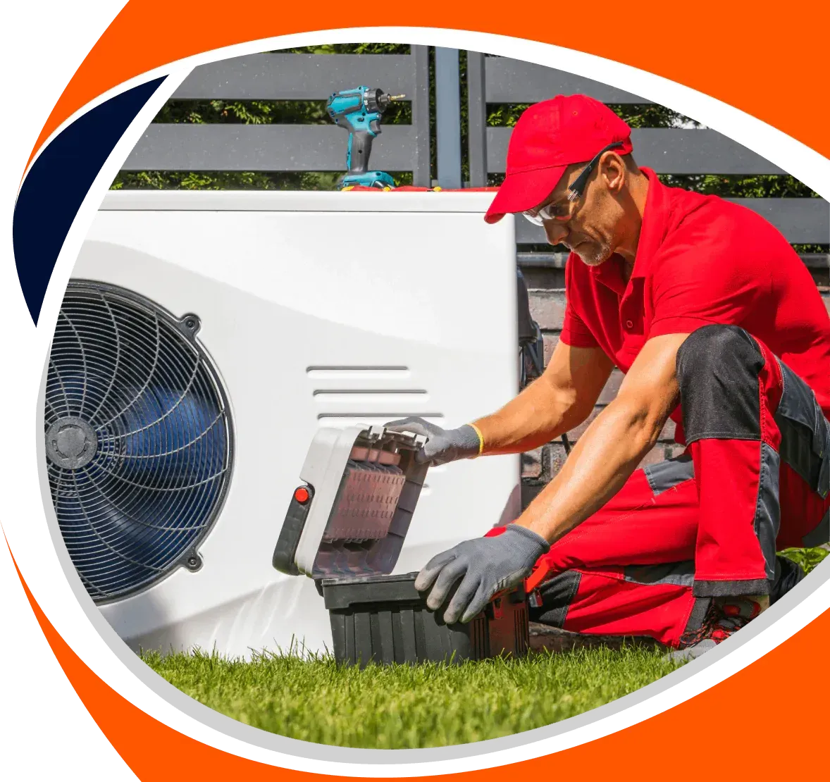 HVAC technician in red overalls, kneeling, opening toolbox next to an outdoor air conditioning unit.