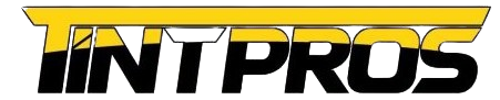 Logo for "Tint Pros" in black and yellow, a business offering window tinting services.