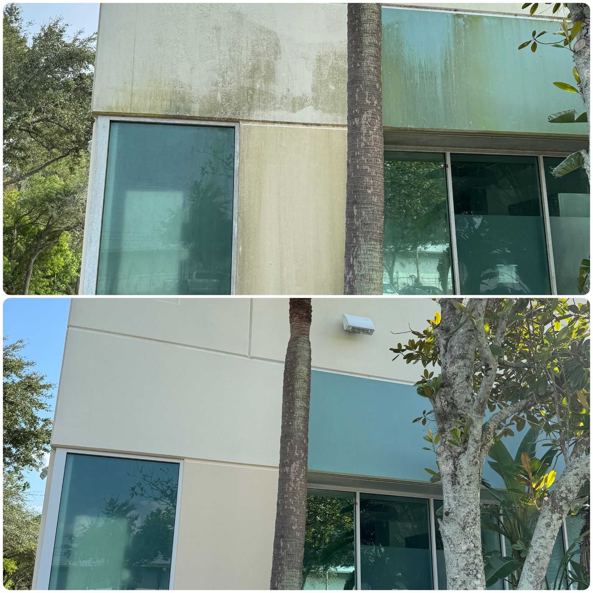 A before and after photo of a building with a tree in front of it.