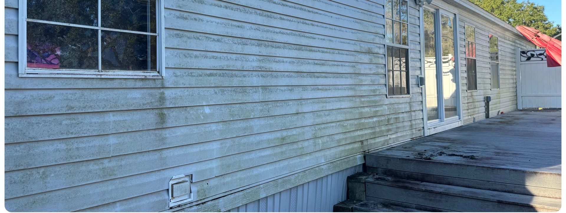 Dirty vinyl siding restored with cleaning that removes algae, mold, and grime to reveal a fresh, clean exterior again