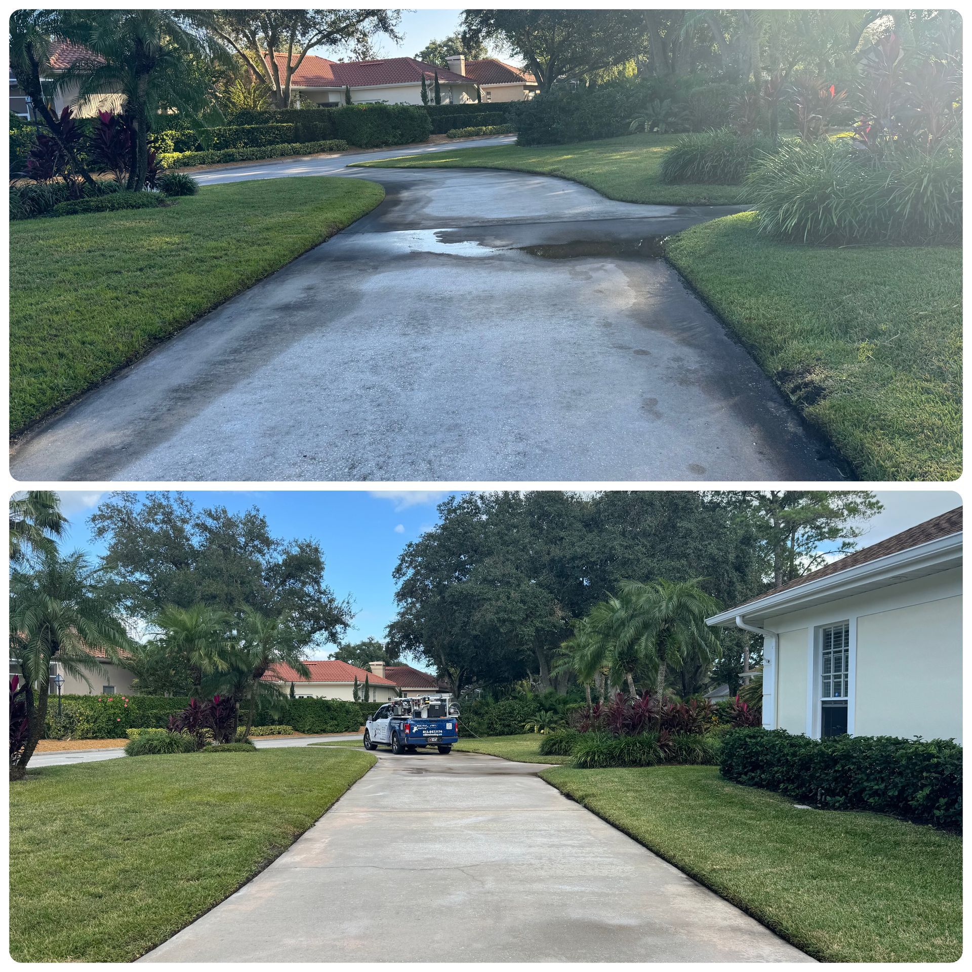 A before and after photo of a driveway being cleaned.