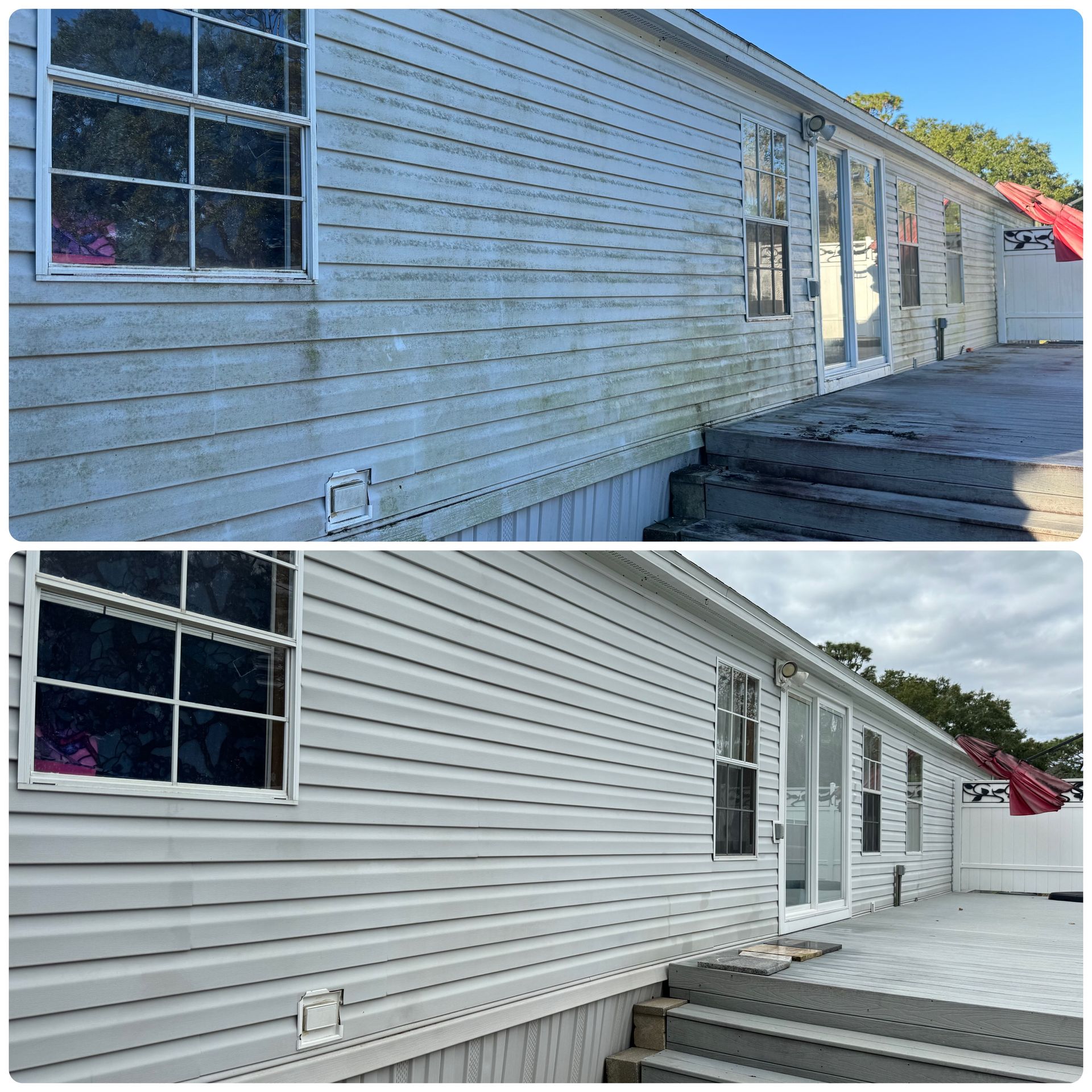 A before and after picture of a mobile home