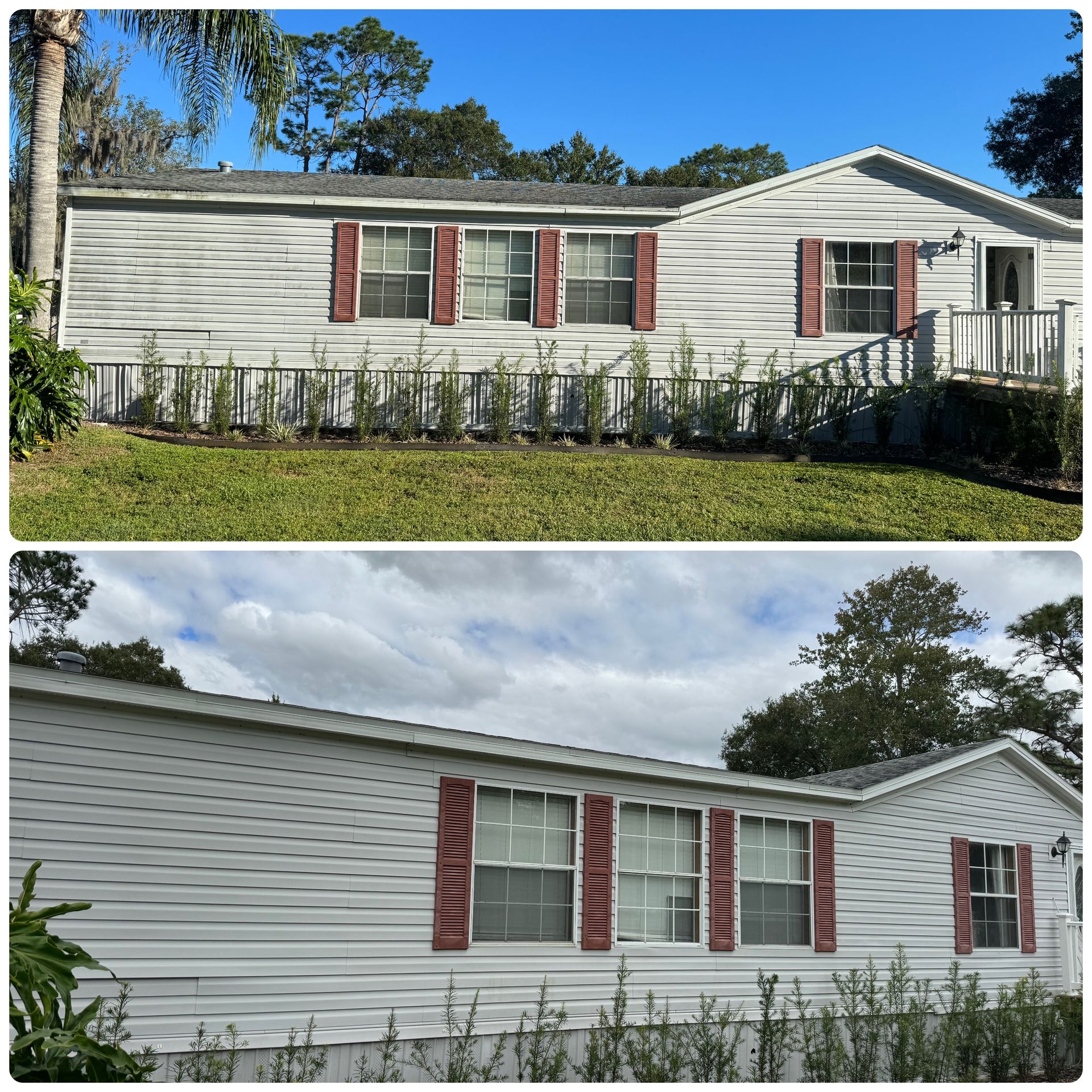 A before and after picture of a mobile home with red shutters