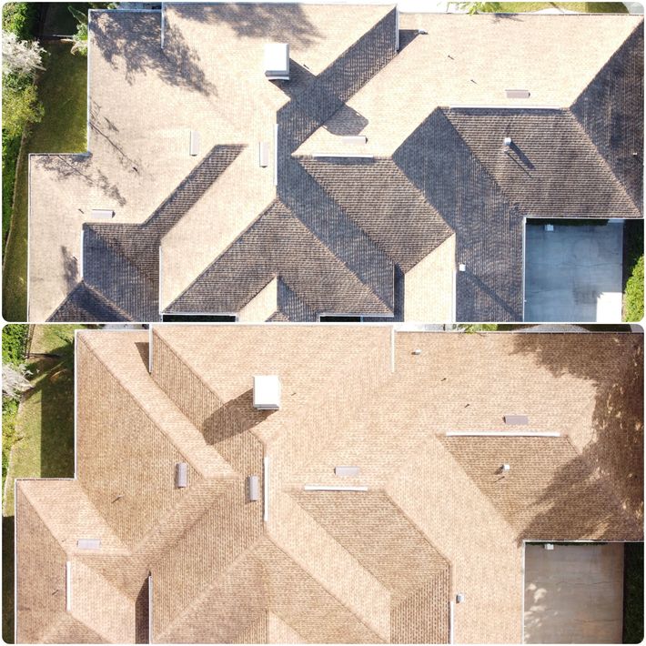 A before and after picture of a house 's roof