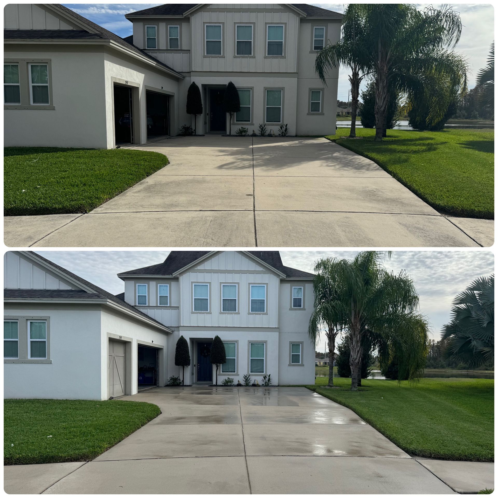 A before and after photo of a house 's driveway
