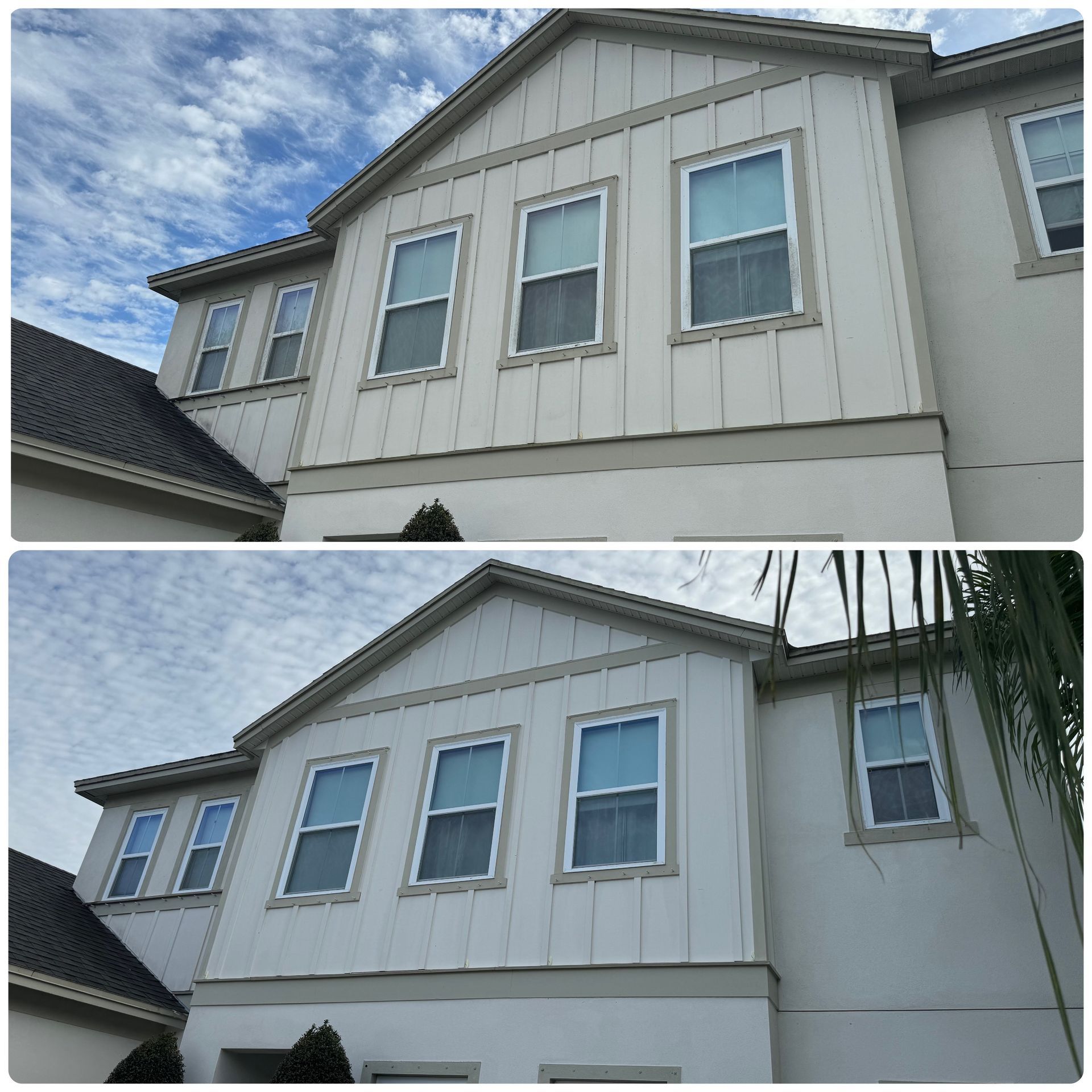 A before and after picture of a white house with a lot of windows.