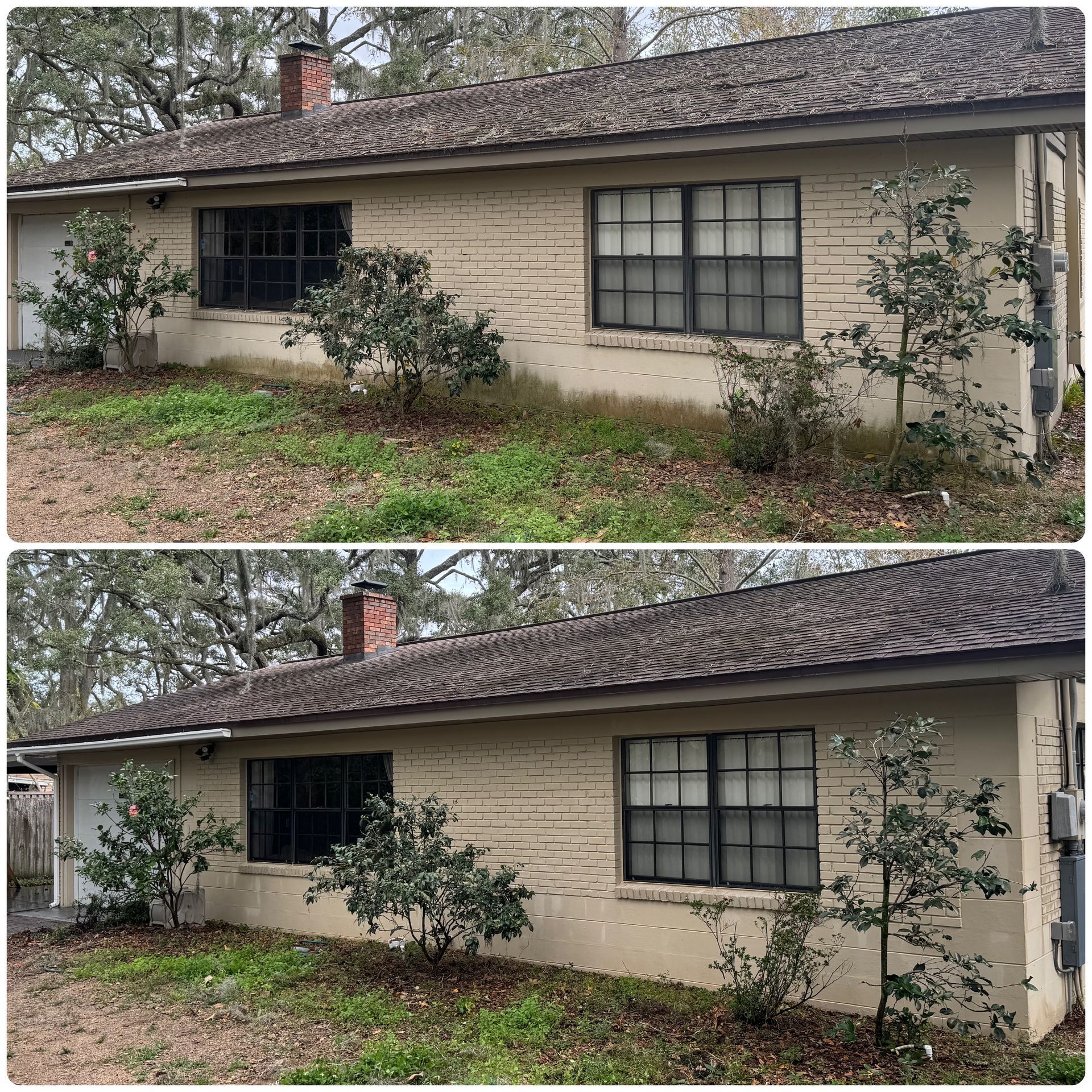 A before and after picture of a house with black windows.