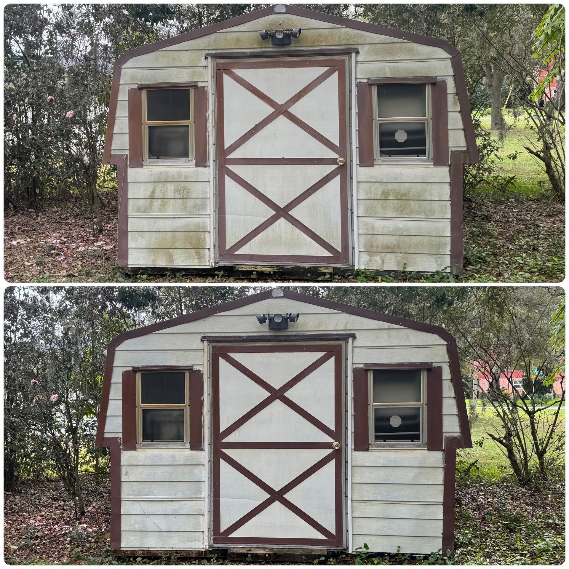 A before and after picture of a barn shed.