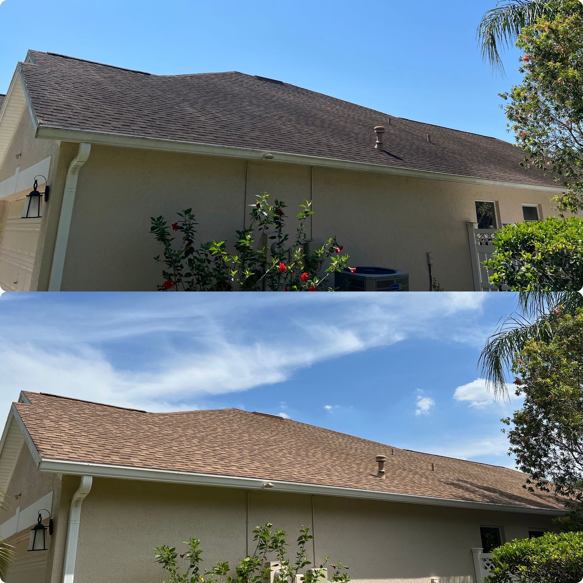 A before and after picture of a house 's roof