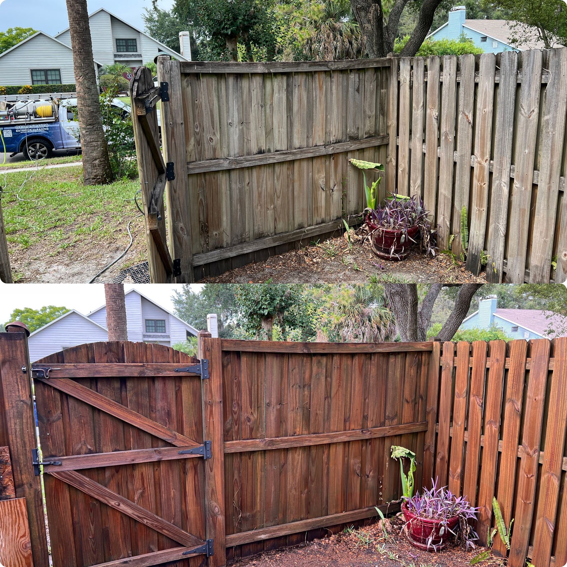 A before and after photo of a wooden fence and gate.