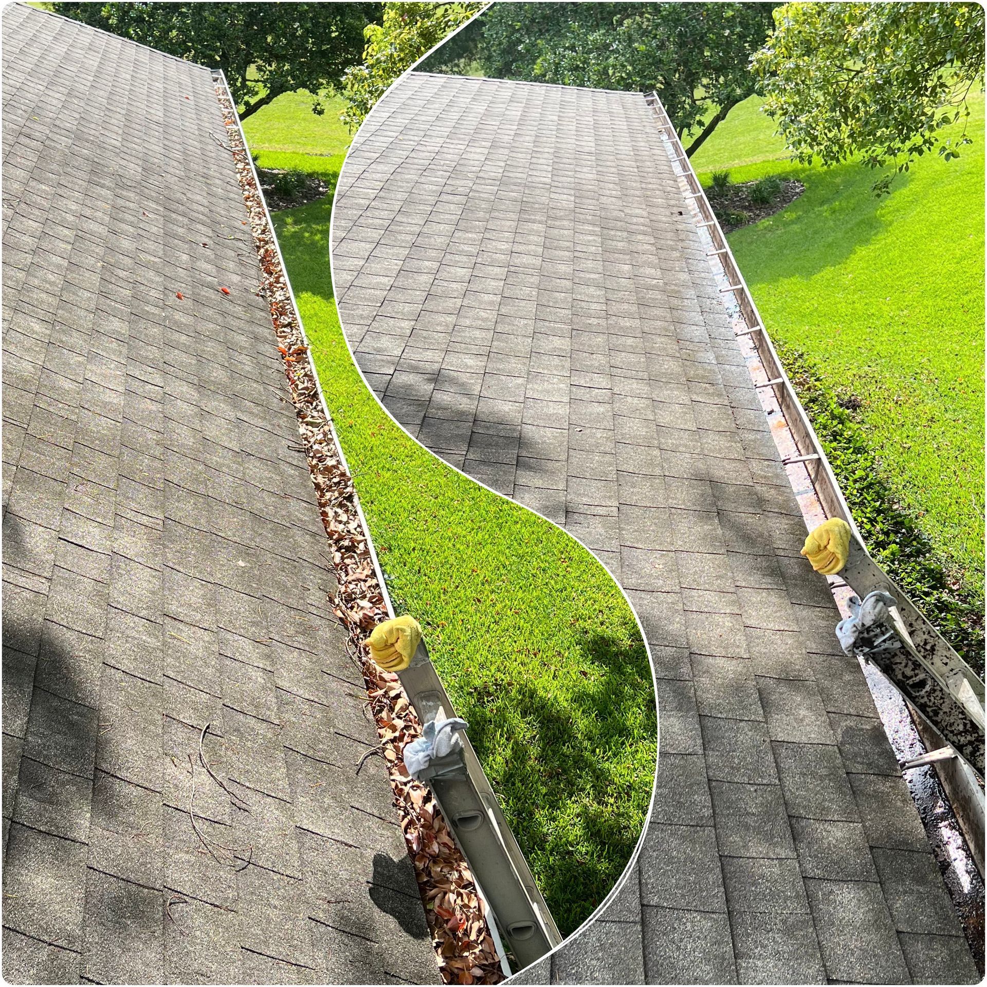 A before and after picture of a gutter cleaning on a roof.