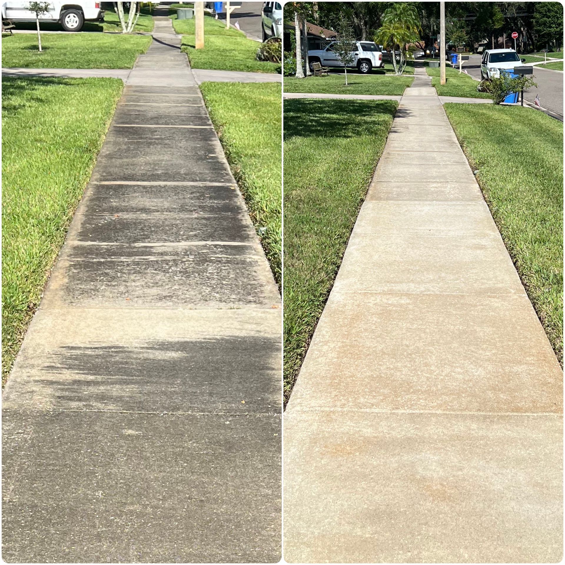 A before and after photo of a sidewalk that has been cleaned.