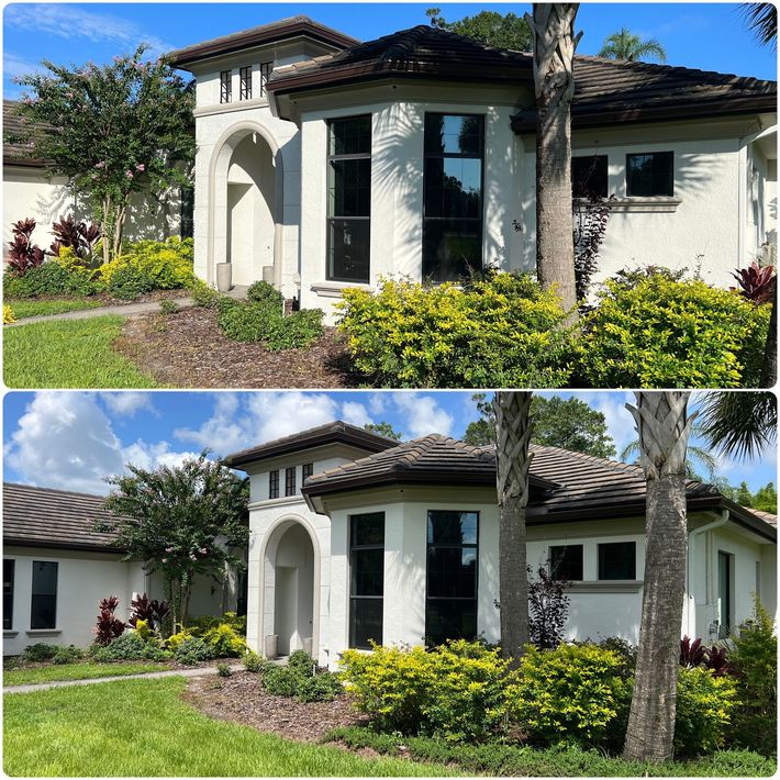 A before and after picture of a white house with black windows.