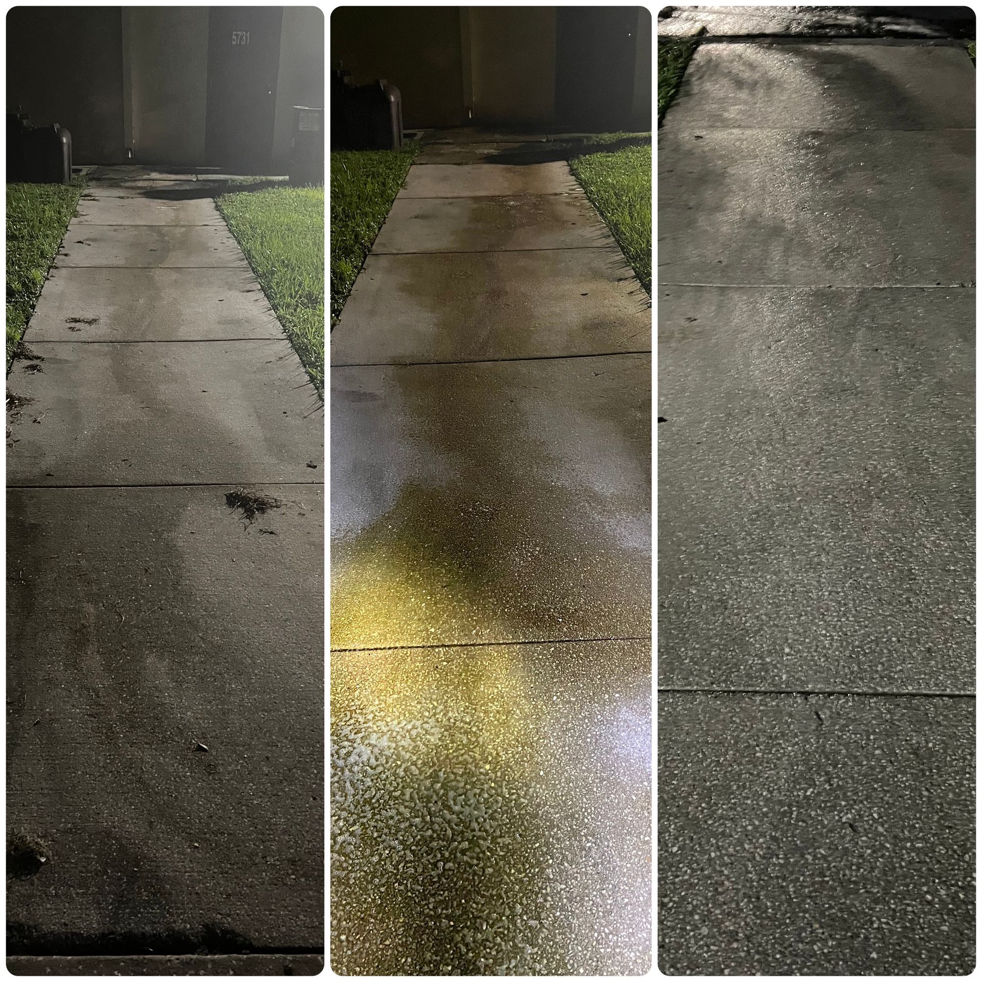 A collage of three pictures of a sidewalk before and after being cleaned.