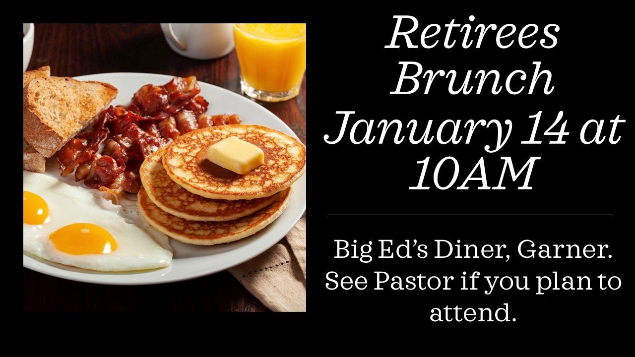 Retirees brunch image of breakfast with text