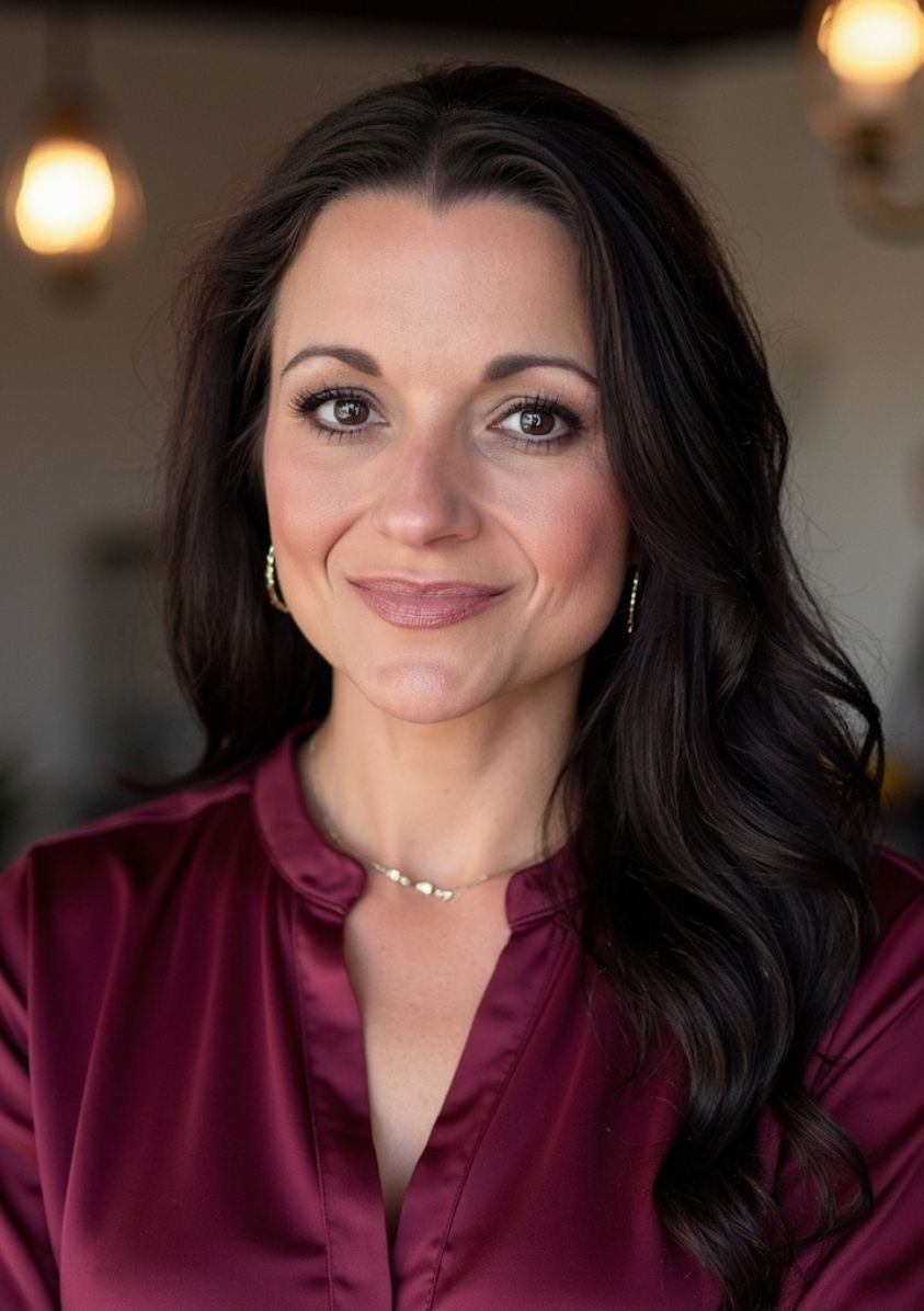 A woman with a tattoo on her arm is wearing a white shirt and smiling.