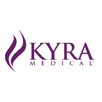 A purple logo for kyra medical with a flame on a white background.