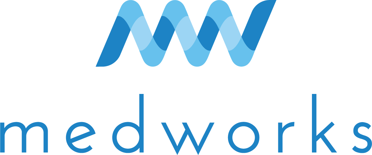 The logo for medworks is blue and white with a spiral in the middle.