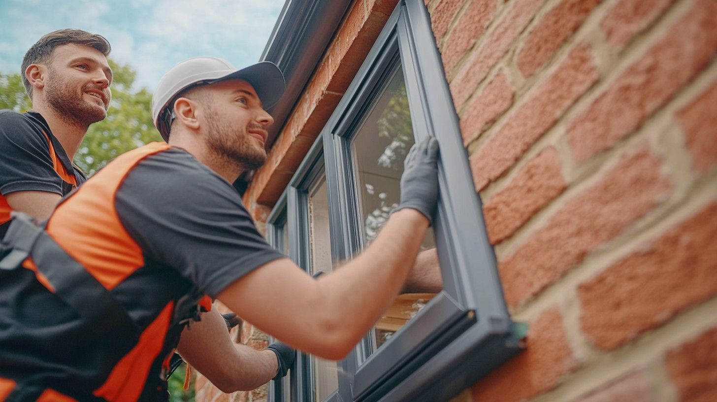Two men are installing a window on a brick wall.
