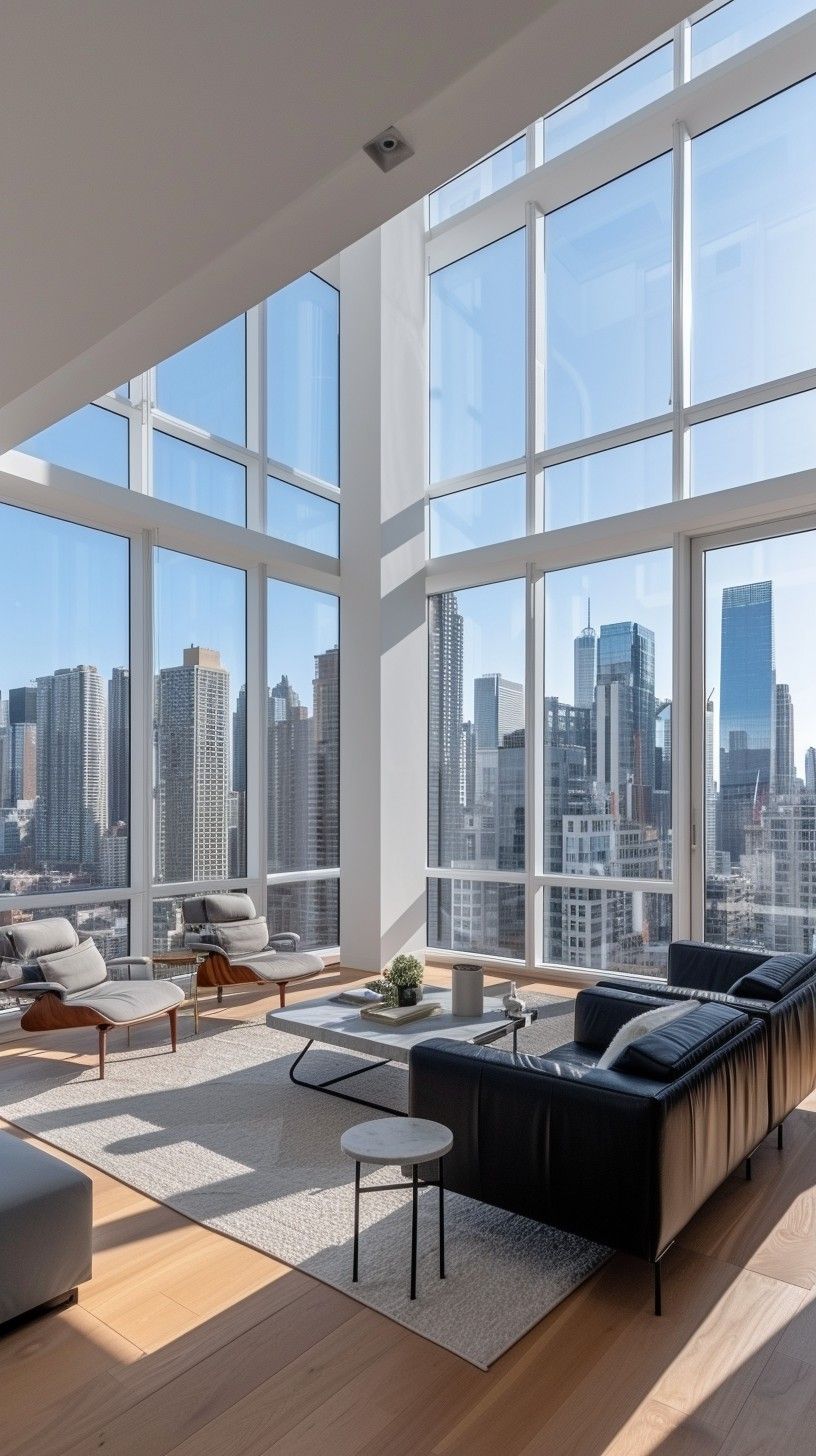 A living room with a lot of windows and a view of the city.