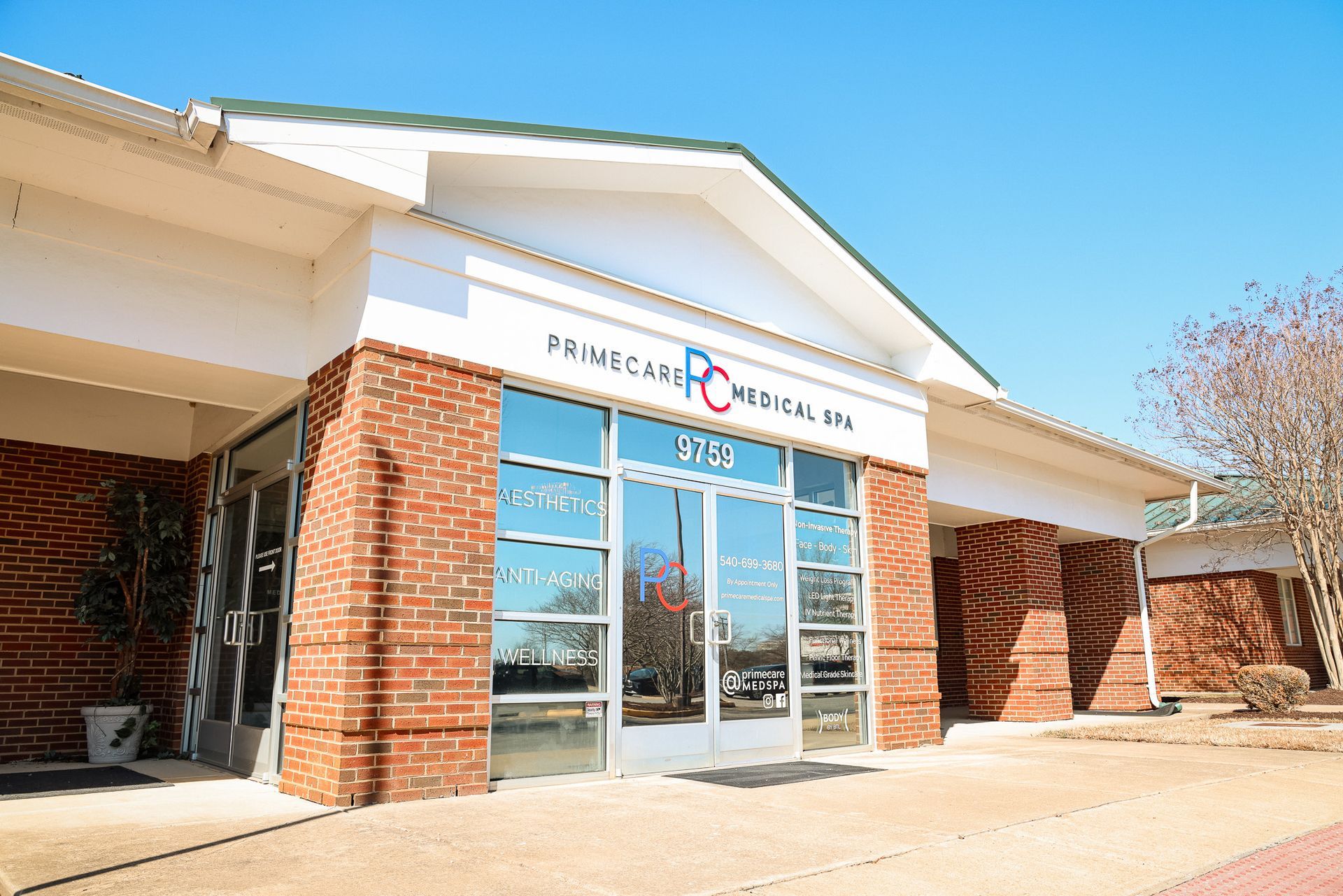 A collage of three pictures of a building and a waiting room.