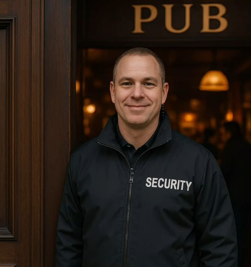A Man Wearing a Security Jacket Stands in Front of a Pub — Asset Security Group In Newcastle, NSW