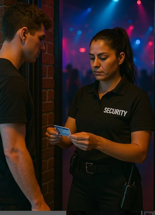 A Woman Wearing a Security Shirt Talks to a Man — Asset Security Group In Taree, NSW