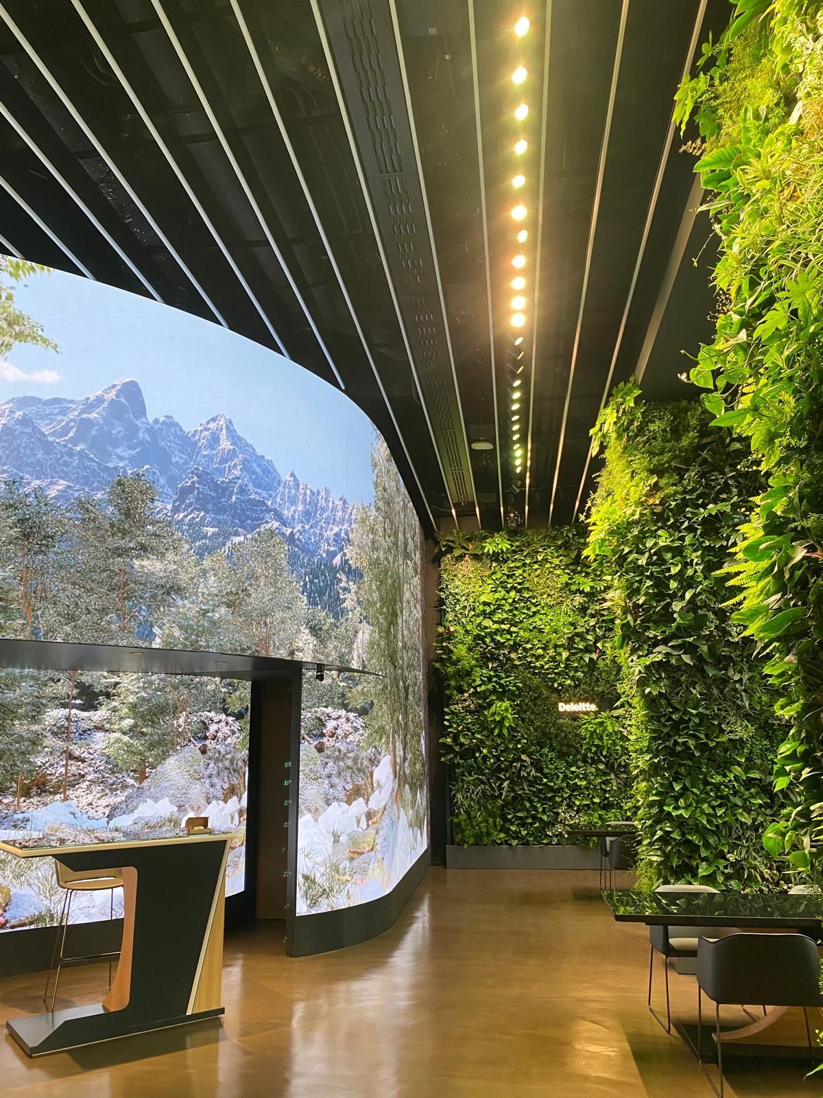 Una stanza con una parete verde e un grande schermo sul muro.