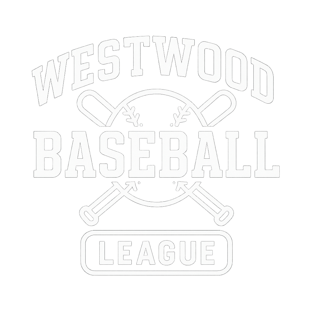 Westwood Baseball League logo with text and crossed bats and a baseball graphic.