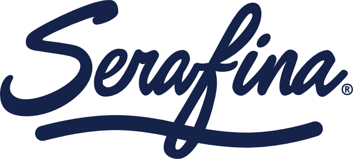 Serafina logo in yellow, featuring the brand's name written in a flowing, cursive script. The design is bold and vibrant, with the yellow color standing out against a light background, giving the logo a lively and energetic feel. This logo is simple yet distinctive, reflecting the brand's identity.