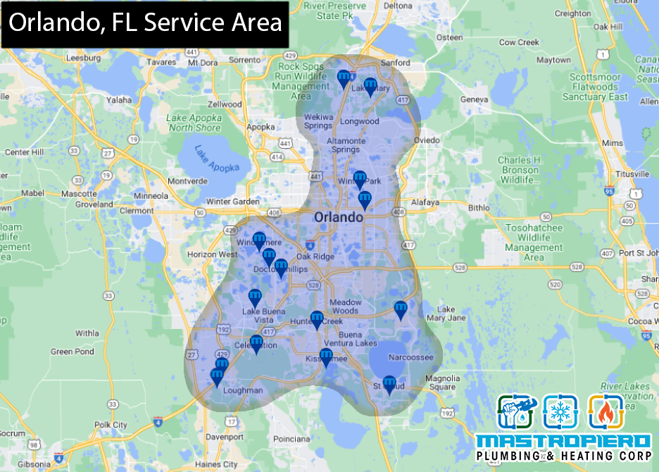 A map showing the service area of orlando , fl.