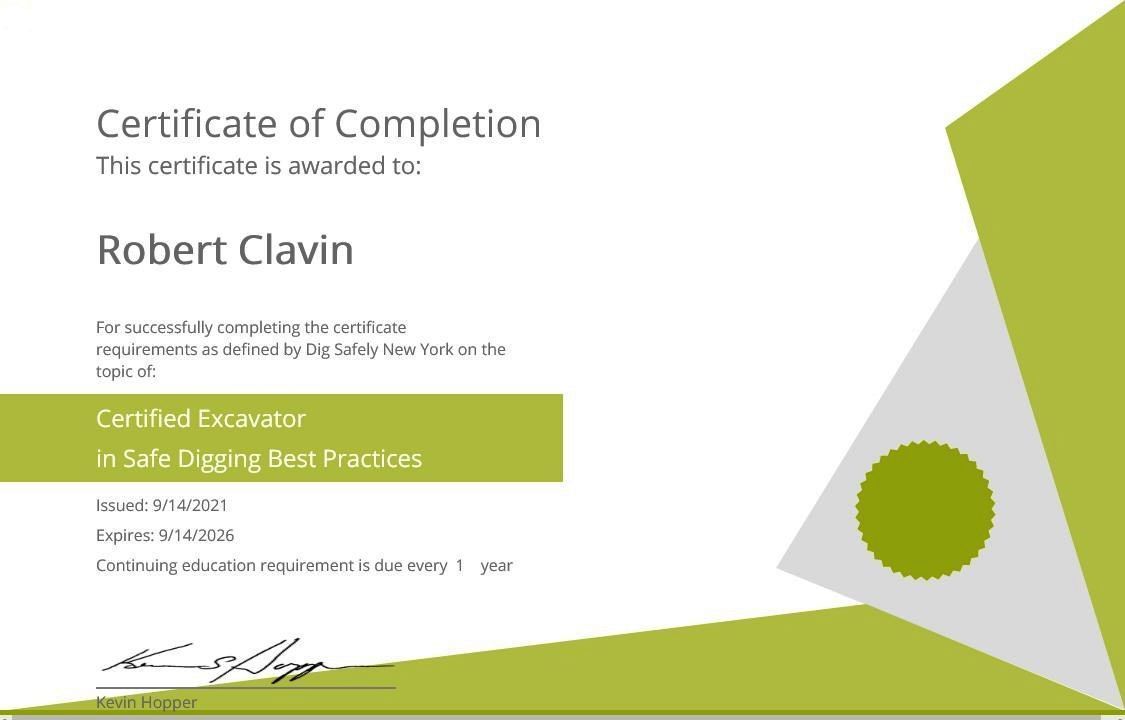 Certificate of Completion awarded to Robert Clavin for Certified Excavator in Safe Digging Best Practices.