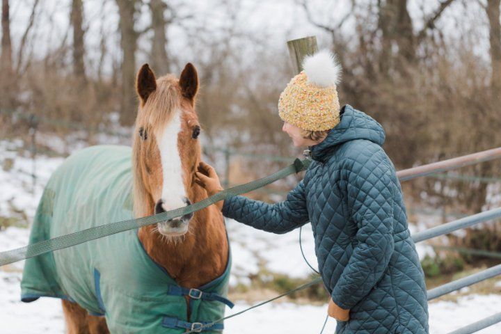 A woman is petting a brown horse wearing a green blanket.