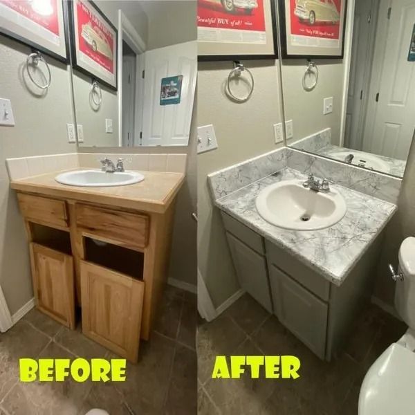 Bathroom vanity before-and-after: old wooden sink cabinet replaced with gray marble-top vanity and sink.
