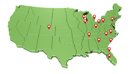 Green map of the United States with red location markers predominantly in the eastern half.